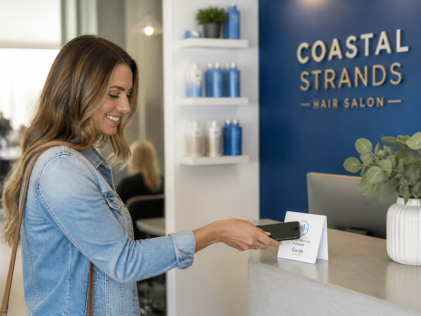 Clienta acercando su móvil a una tarjeta NFC de reseñas en el mostrador de una peluquería